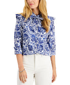 Charter Club Women Petite Cotton Tie Neck Printed Blouse Cloud Combo
