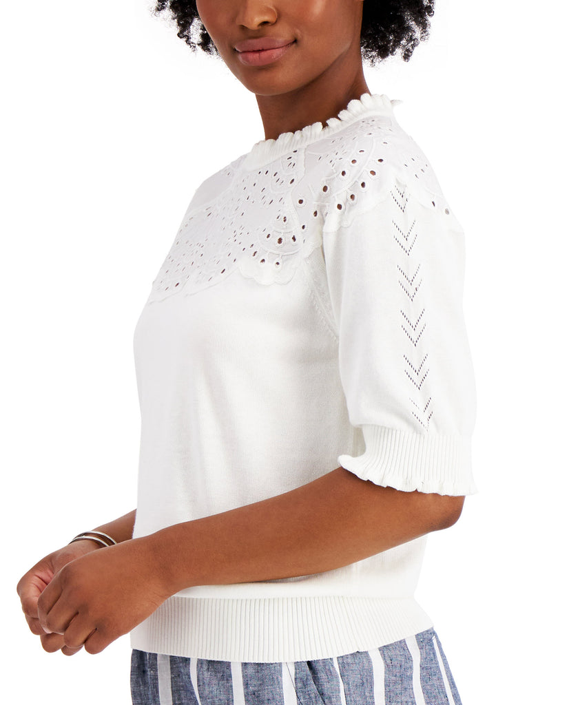 Charter Club Women Puff Sleeve Eyelet Neckline Sweater