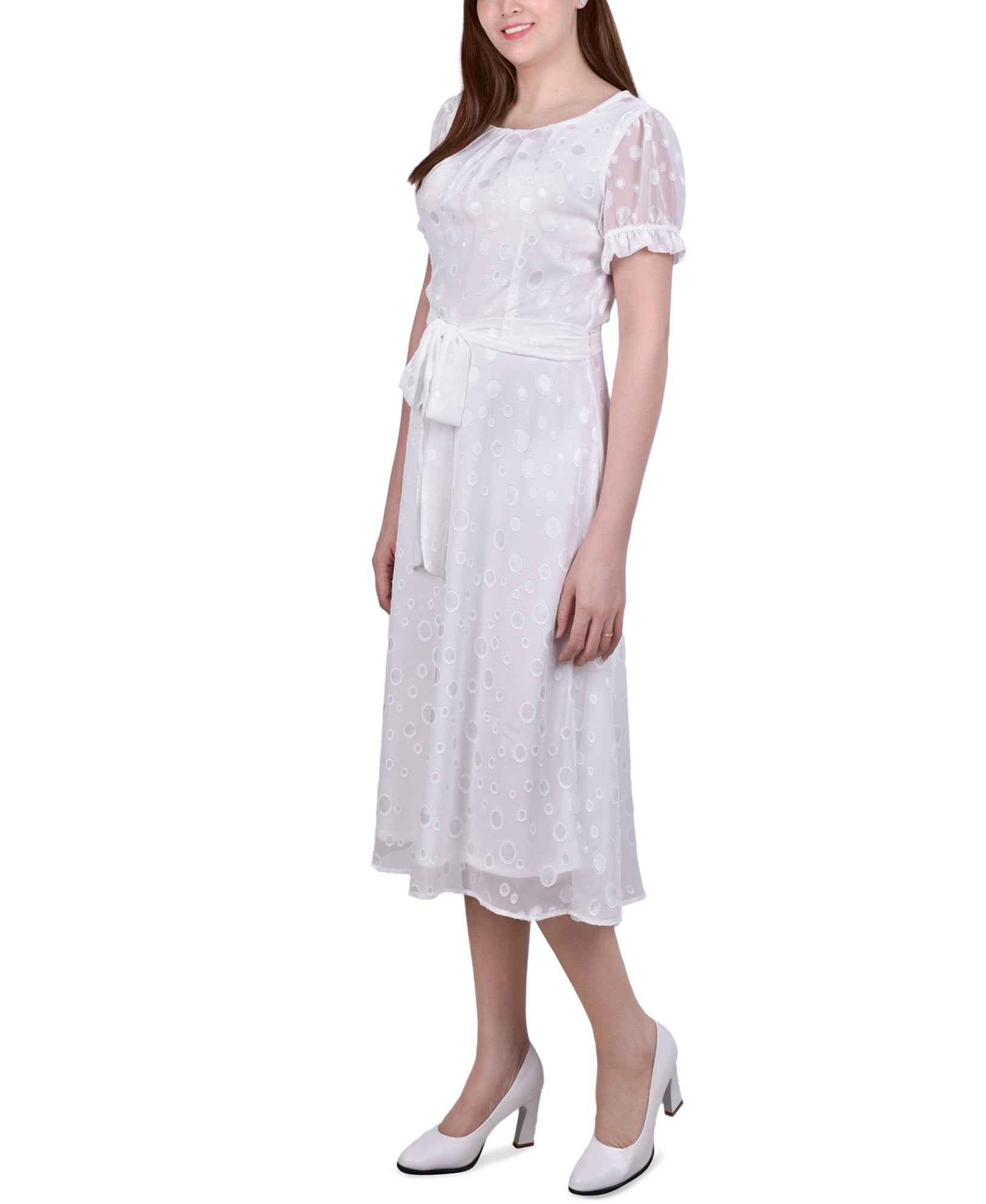 NY Collection Women Petite Short Sleeve Belted Swiss Dot Dress