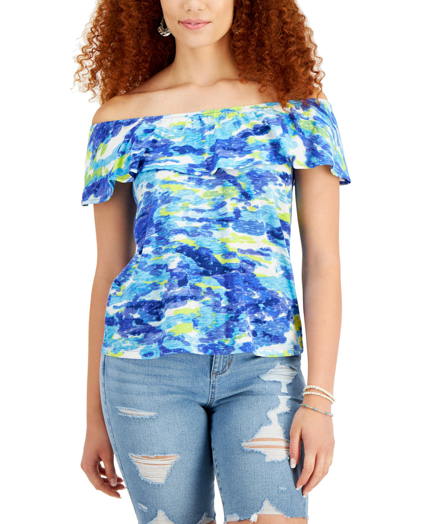 Style & Co Women Petite Cotton Printed Off The Shoulder Top Camo Blue