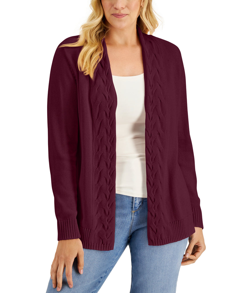 Karen Scott Women Cotton Cable Knit Trim Open Cardigan Merlot