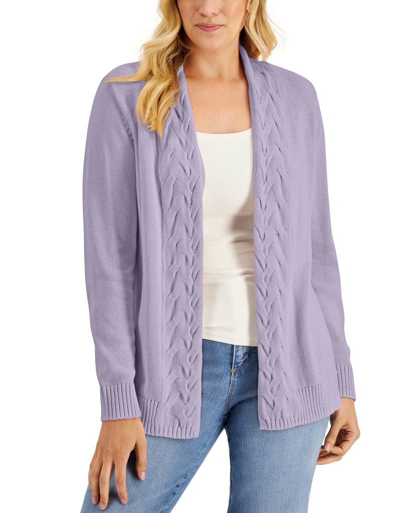 Karen Scott Women Cotton Cable Knit Trim Open Cardigan Orchid Rio