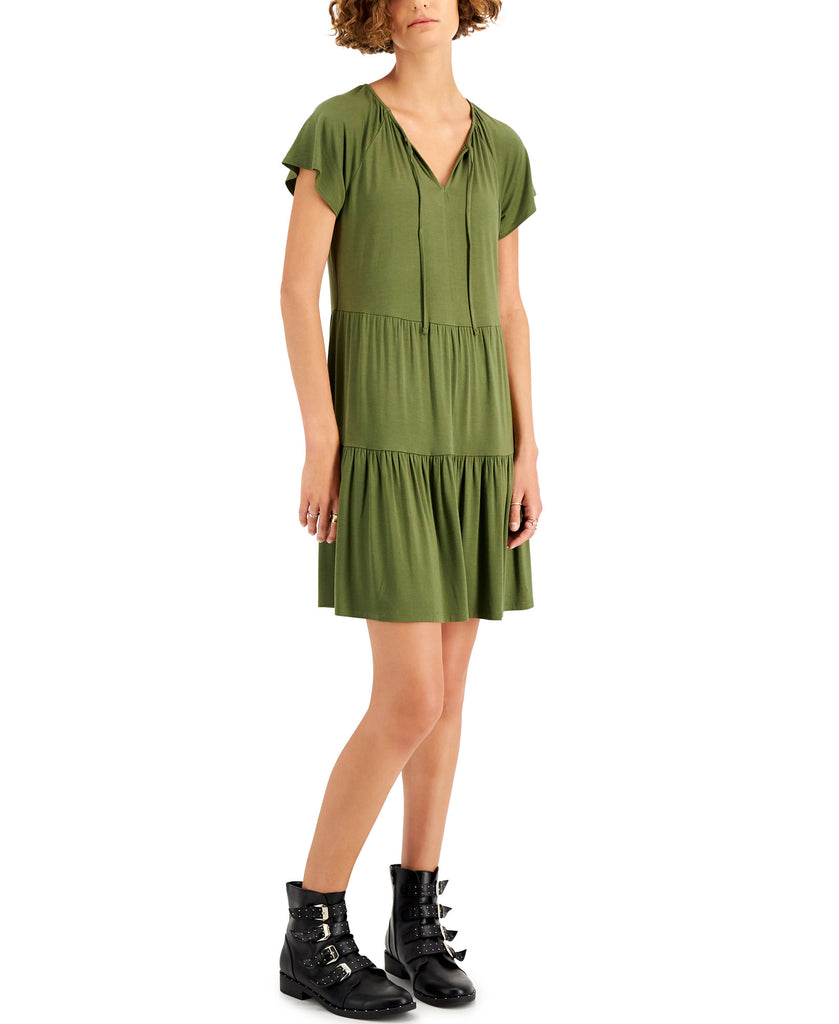 Style & Co Women Tiered Skirt Tie Neck Dress Winter Moss