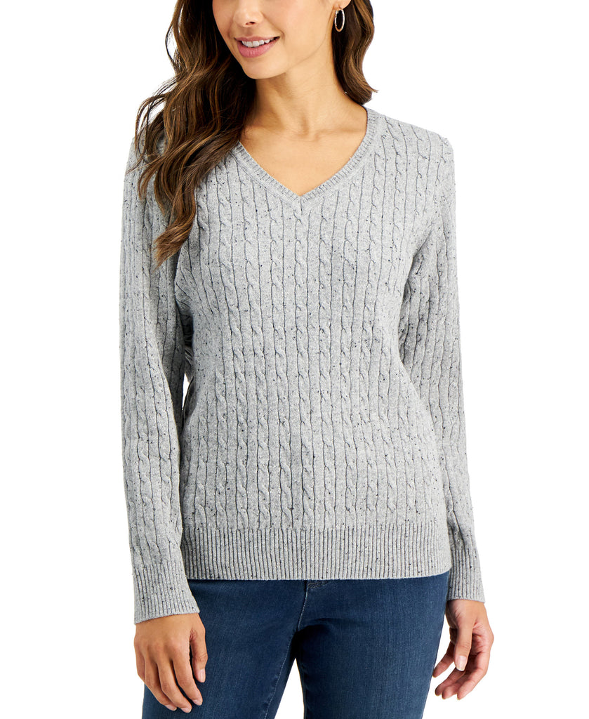 Karen Scott Women Cable Knit V Neck Sweater Smoke Grey Neps