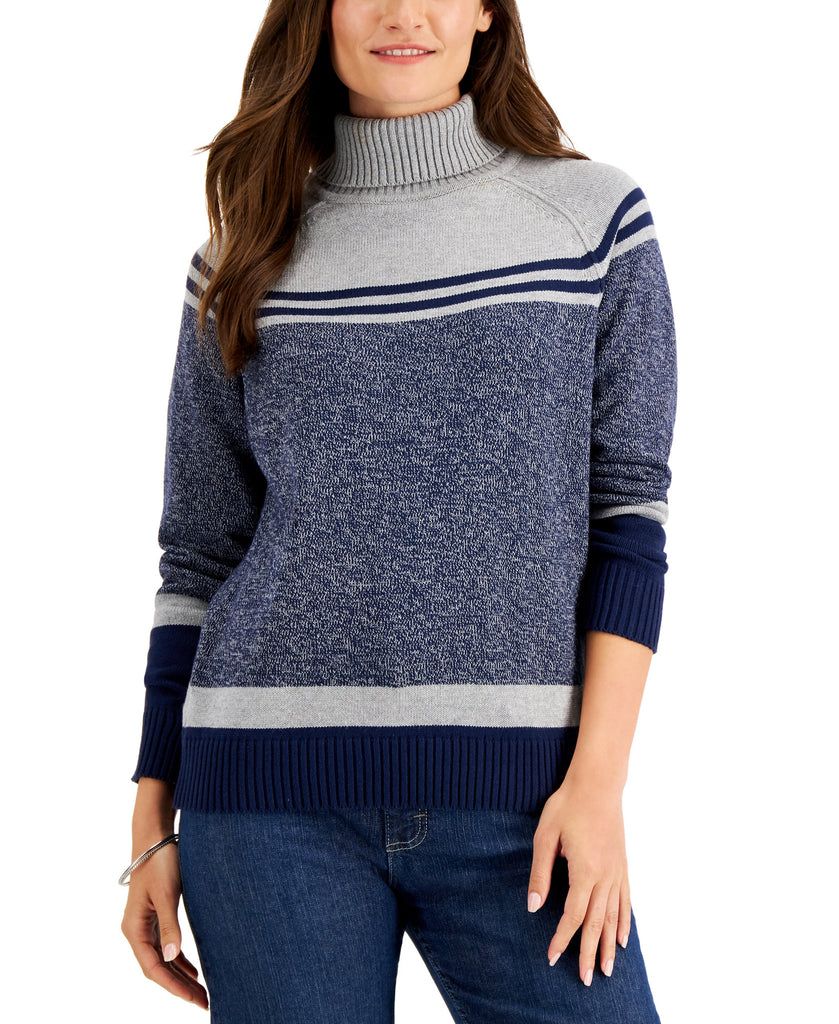 Karen Scott Women Amelia Cotton Colorblocked Turtleneck Sweater Intrepid Combo