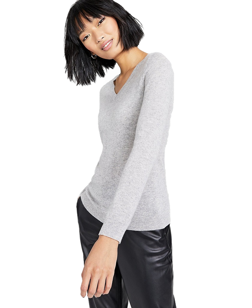 Charter Club Women Petite V Neck Cashmere Sweater Ice Grey Heather