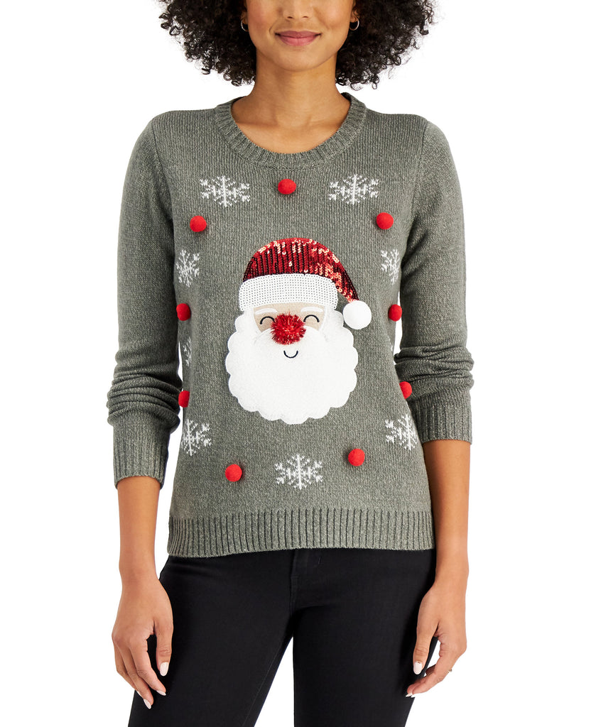 Karen Scott Women Sequined Santa Sweater Dark Grey Combo