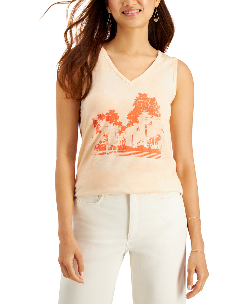 Style & Co Women Palm Shadow Graphic Print Tank Top Palm Orange