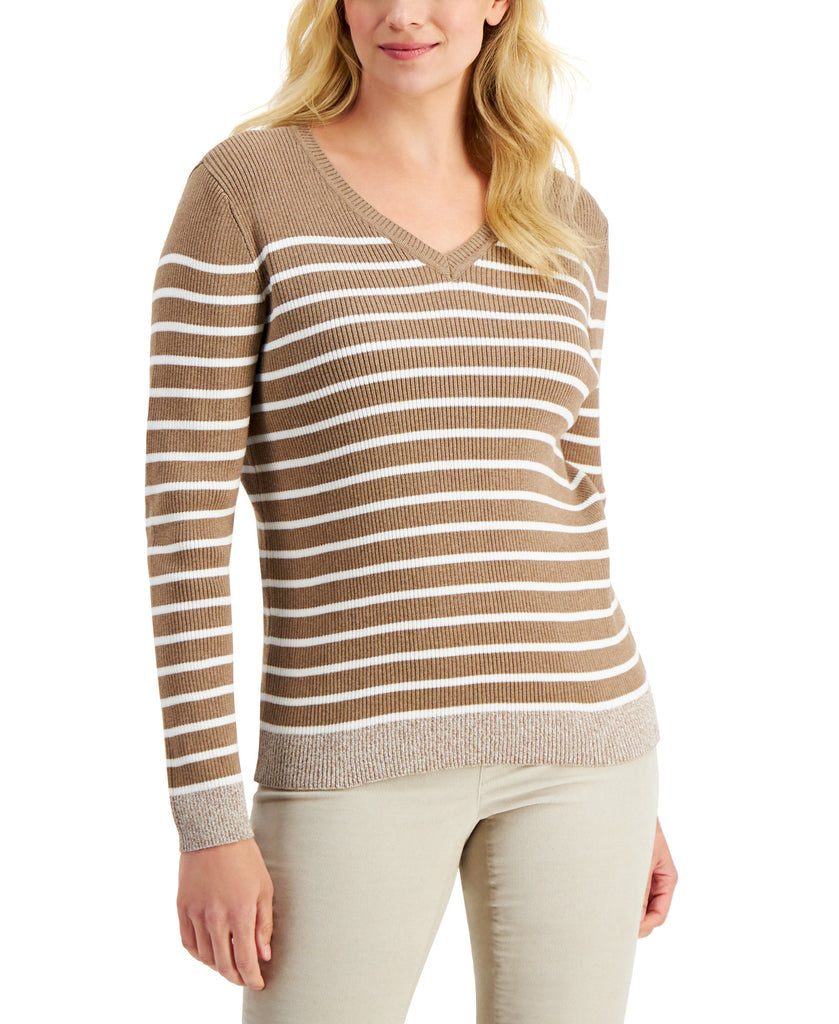 Karen Scott Women Jenny Striped Rib V Neck Sweater Chestnut Heather