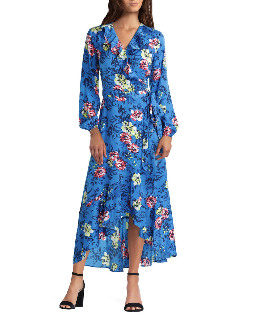 Gigi Parker Women Wrap Dress with Ruffle Neckline Painted Garden Indigo Bunting