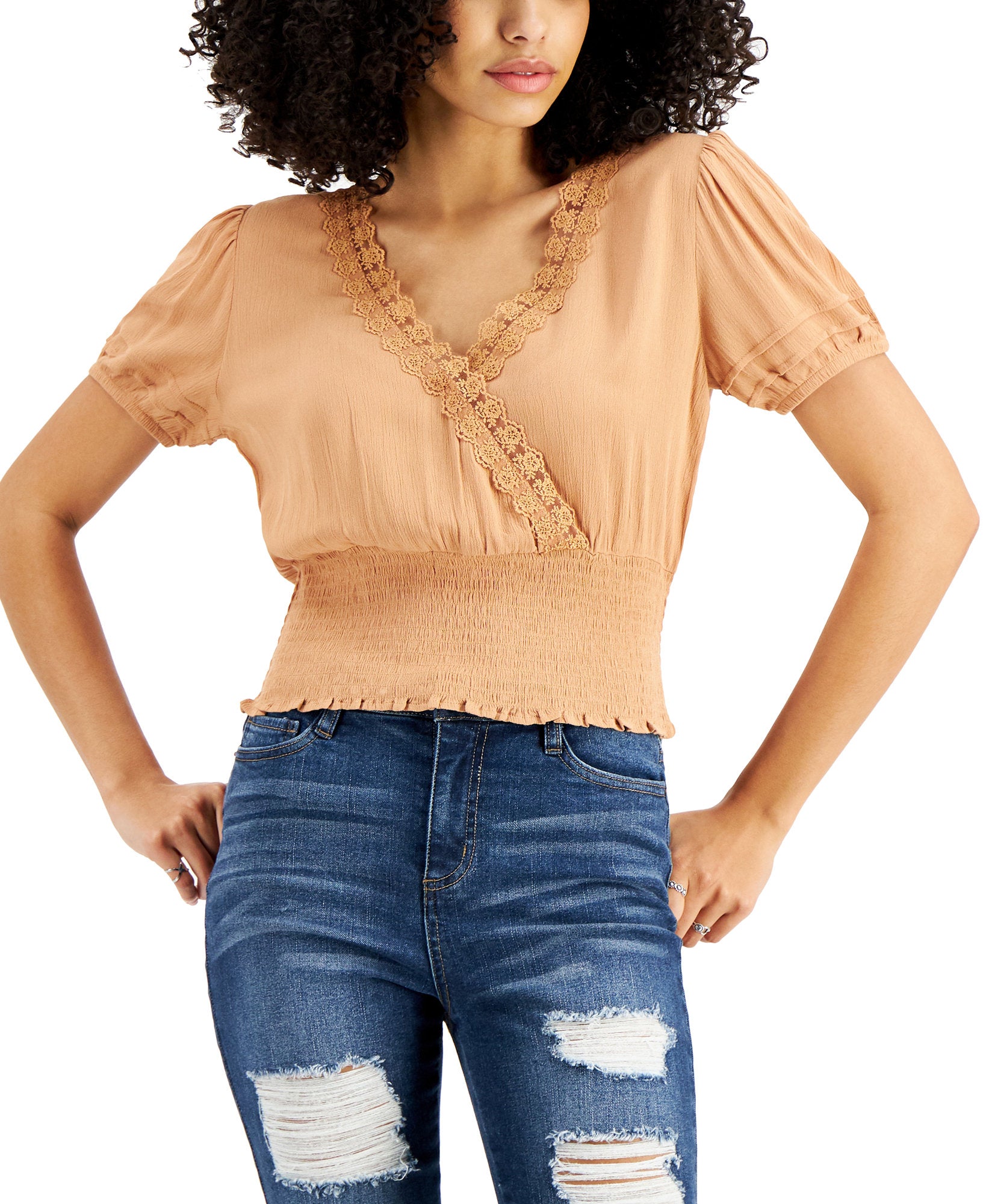 Self Esteem Women Lace Trim Smocked Top Camel
