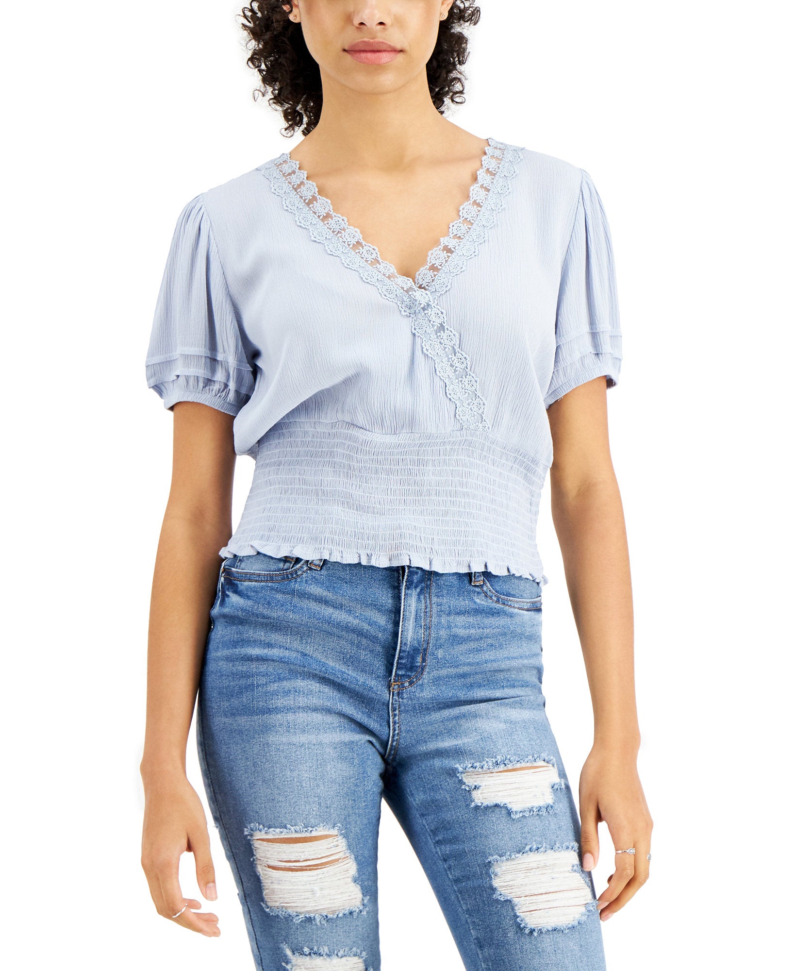 Self Esteem Women Lace Trim Smocked Top Blue Fog