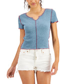 Hooked Up by IOT Women Contrast Stitch Seam Top Blue Prsn Red