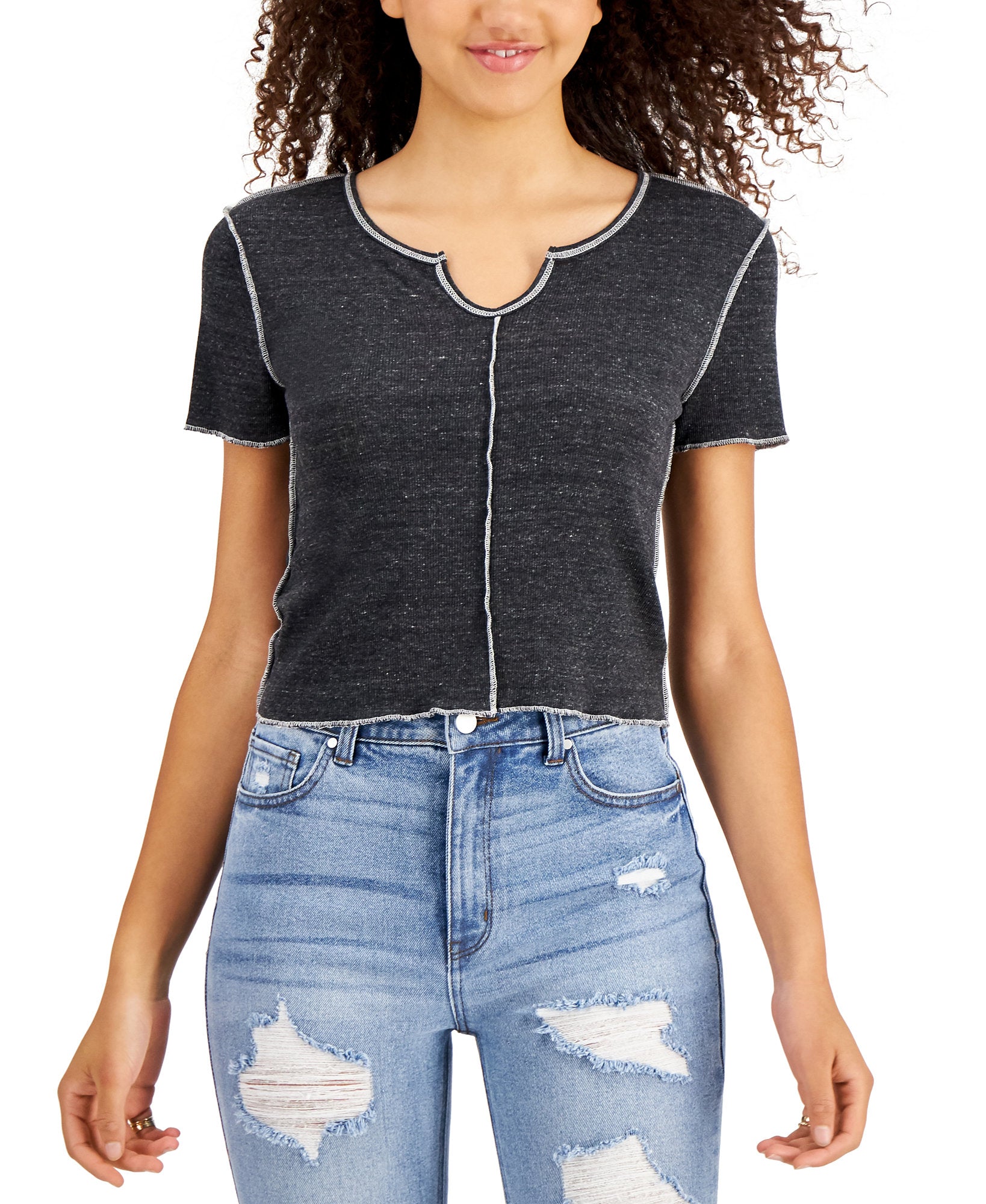 Hooked Up by IOT Women Contrast Stitch Seam Top Black White
