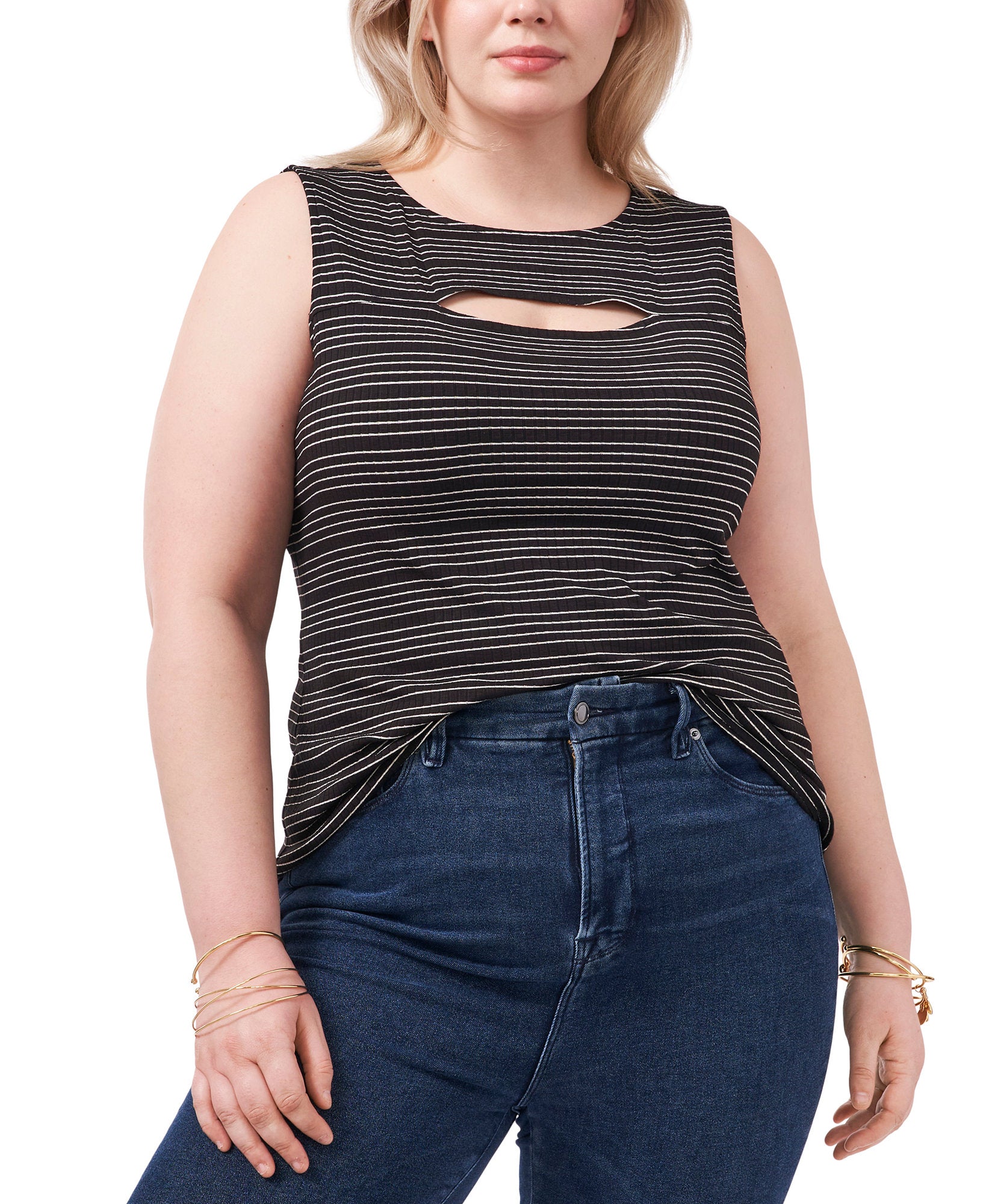 1.STATE Women Plus Stripe Print Cutout Tank Top Rich Black