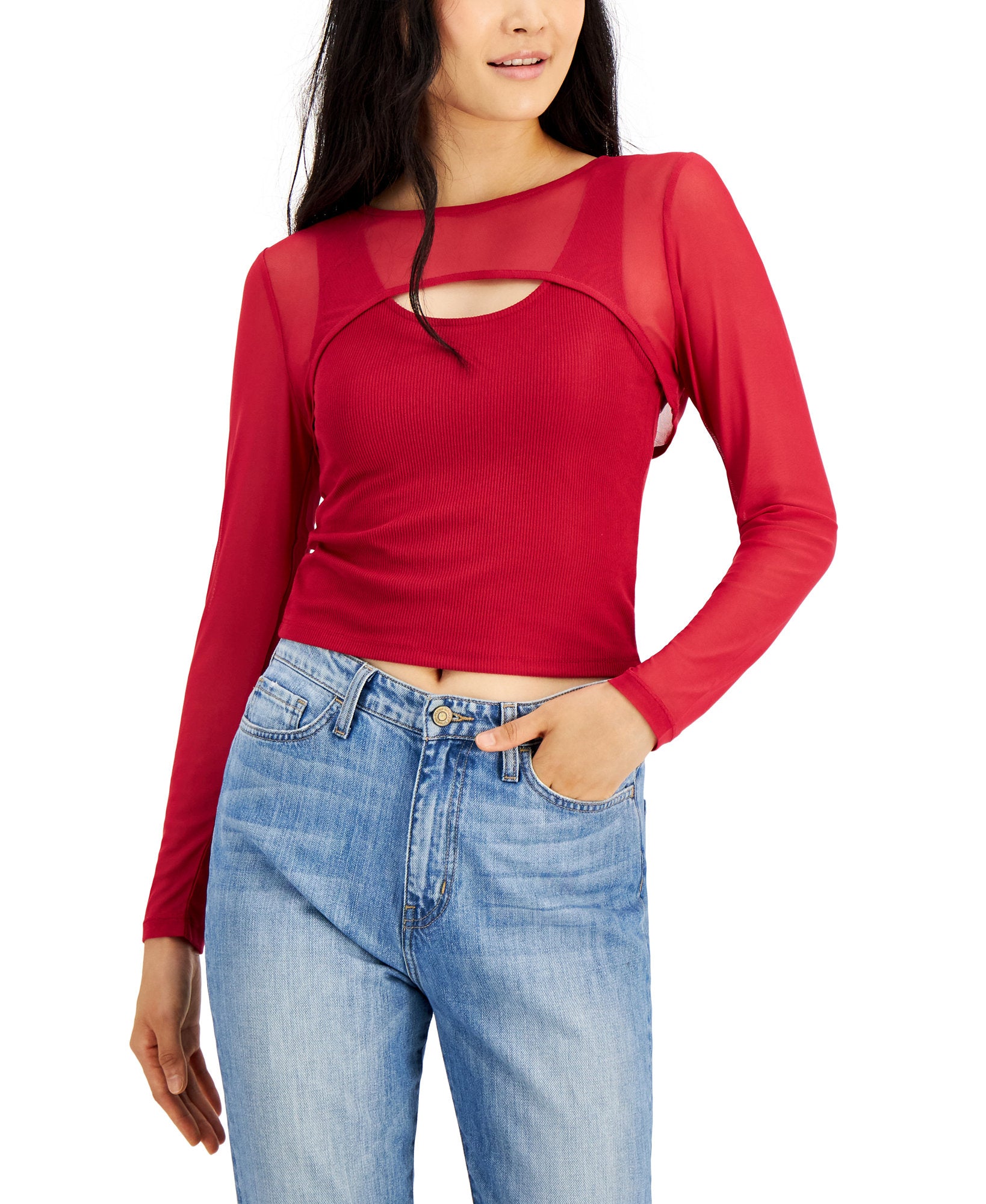 Crave Fame Women 2 Pc. Mesh Bolero Tank Top Set Persian Red