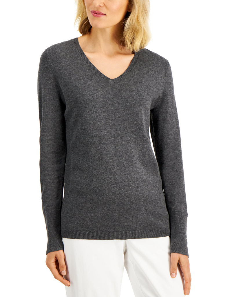 JM Collection Women Button Cuff V Neck Sweater Charcoal Heather