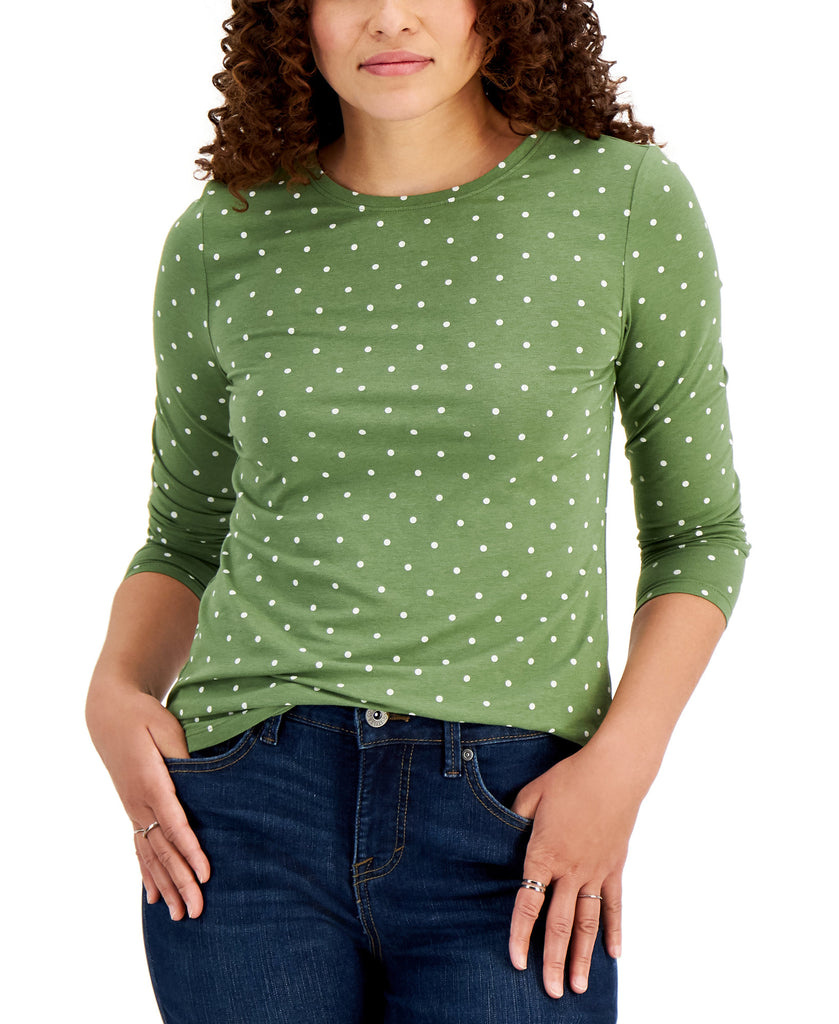 Style & Co Women Dot Print Top Green Dot