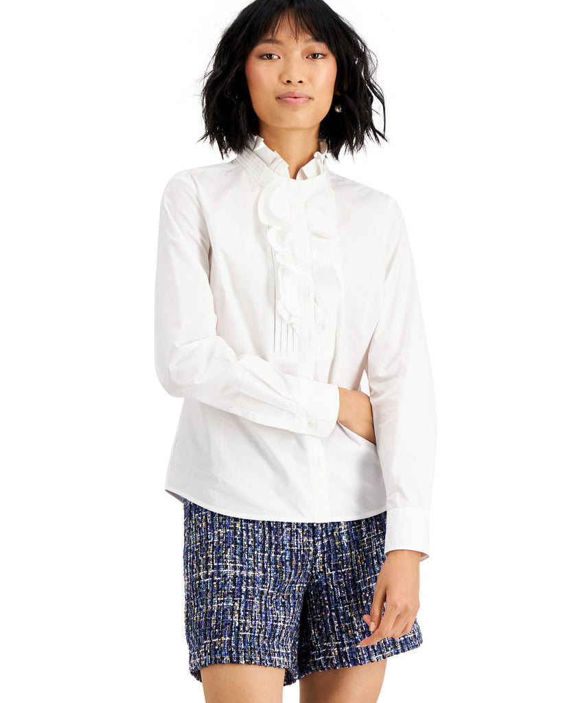 Charter Club Women Cotton Ruffled Shirt Bright White