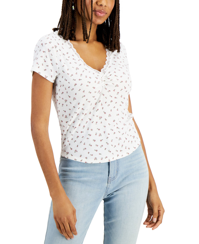 Hippie Rose Women Lace Trim Ribbed Top Ivory Floral