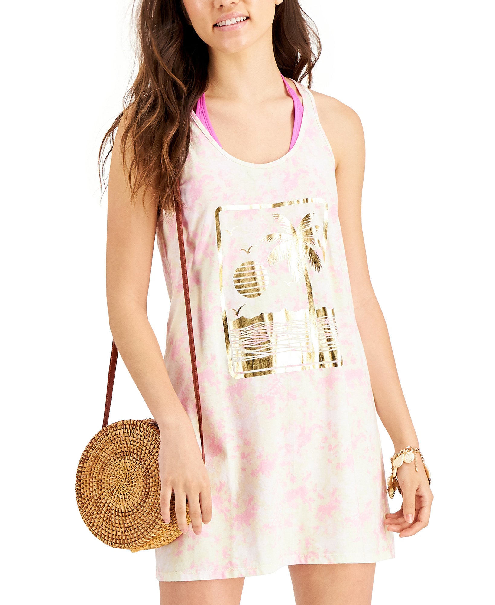 Miken Women Tie Dyed Graphic Print Cotton Cover Up Dress Prisim Pink