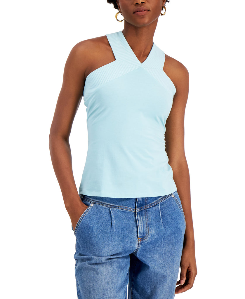 INC International Concepts Women Cotton Ribbed Trim V Neck Top Pastel Cloud