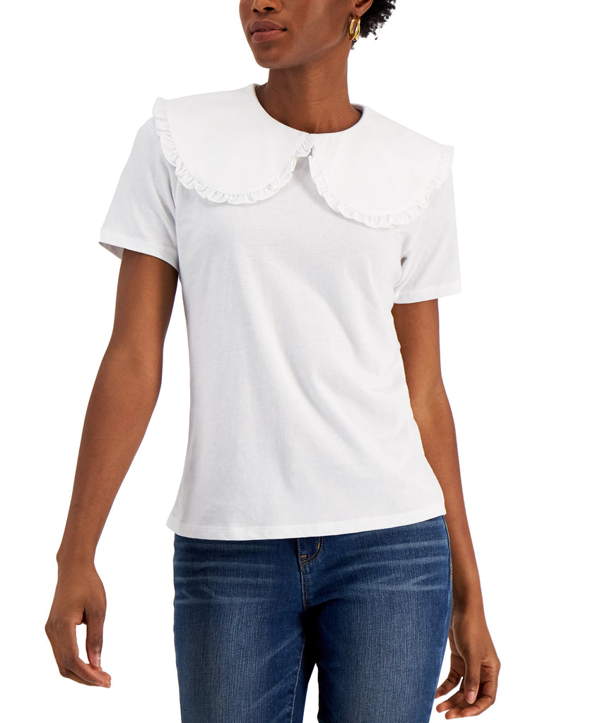 INC International Concepts Women Ruffled Collar T Shirt Bright White