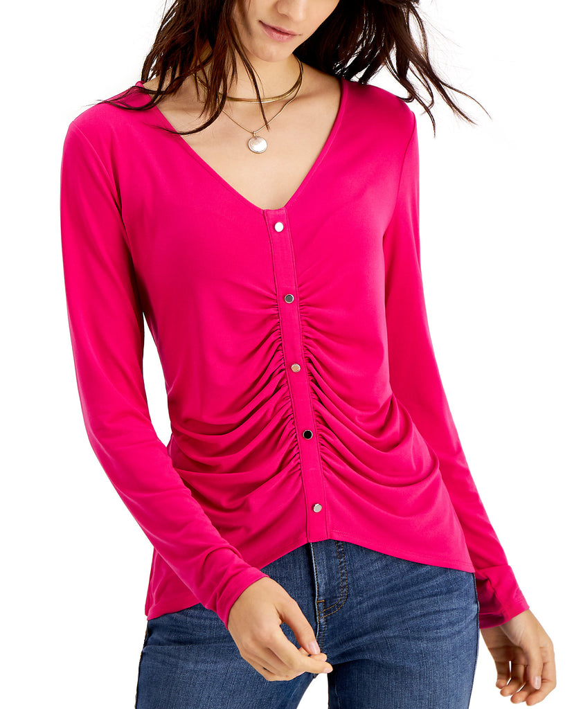 INC International Concepts Women Ruched Button Down Top Pink Tutu