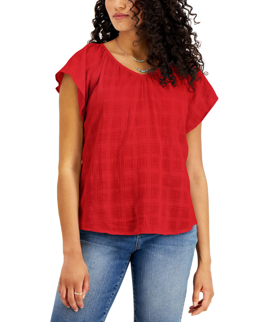 Style & Co Women Solid Flutter Sleeve V Neck Top Loving Red