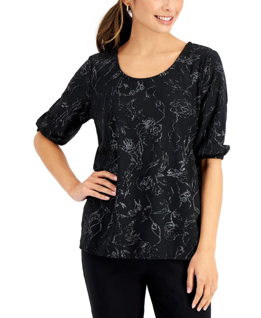 JM Collection Women Petite Shine Jacquard Top Deep Black