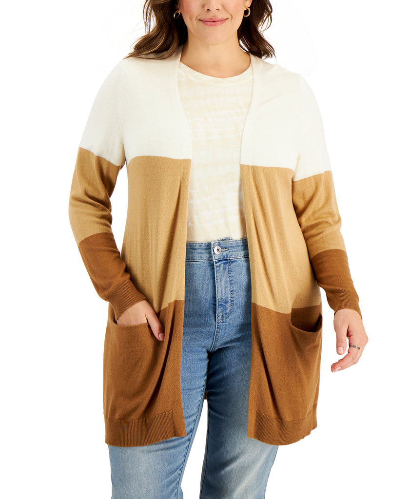 Style & Co Women Plus Colorblocked Cardigan Beige Colorblock