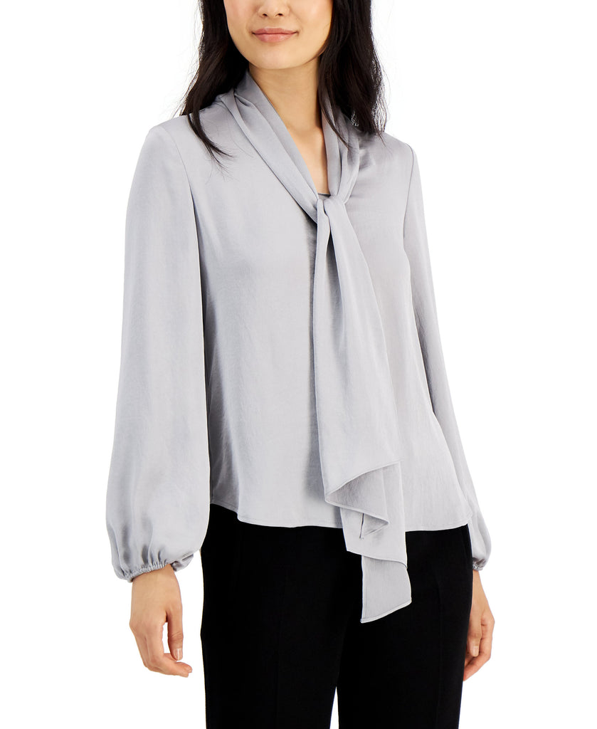 Bar III Women Tie Neck Cinched Sleeve Blouse Platinum