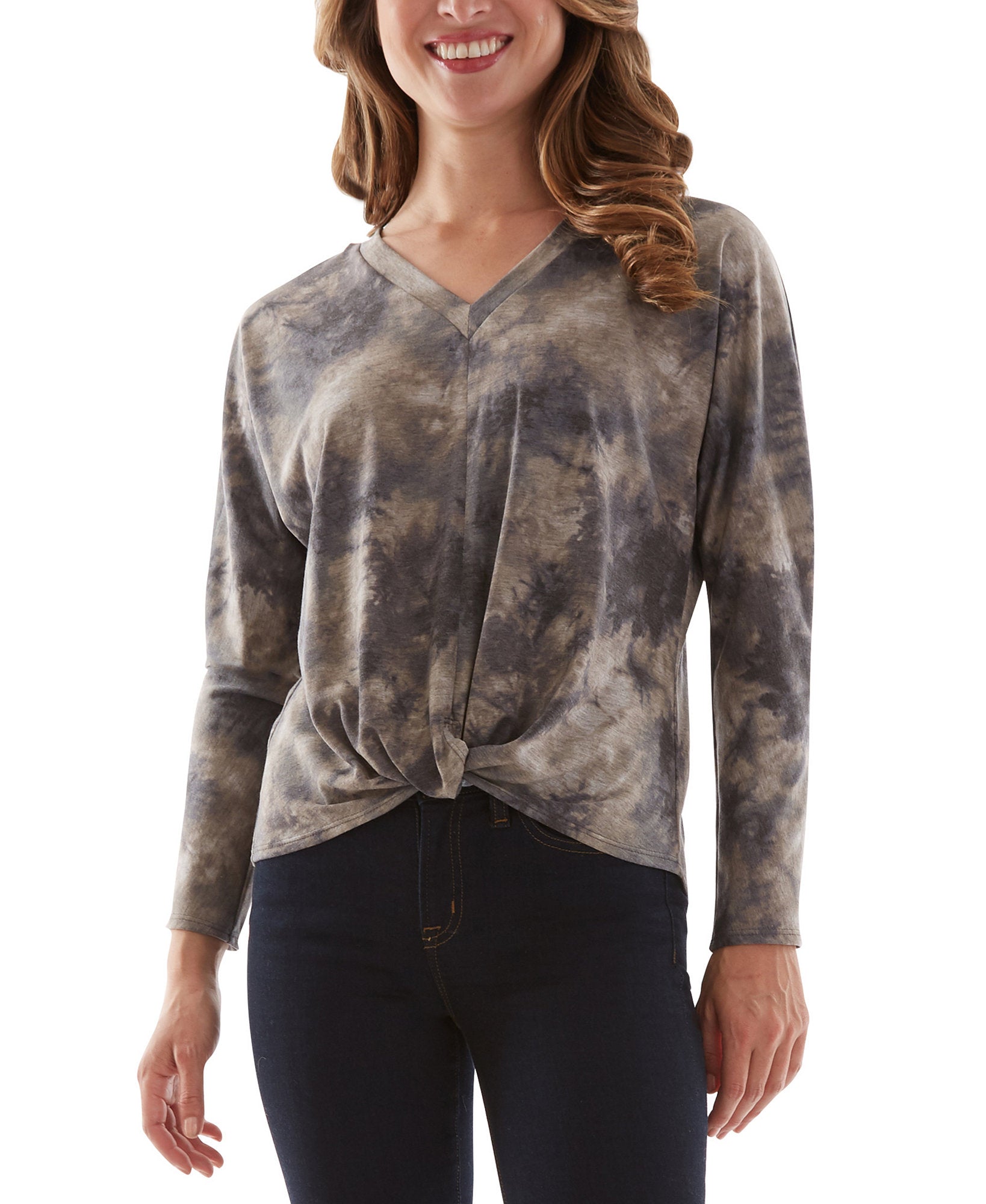 BCX Women Tie Dyed Knot Waist Top Grey Tie Dye
