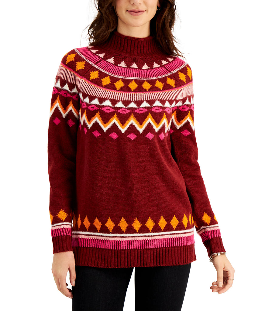 Style & Co Women Fair Isle Mock Neck Sweater Fiery Red