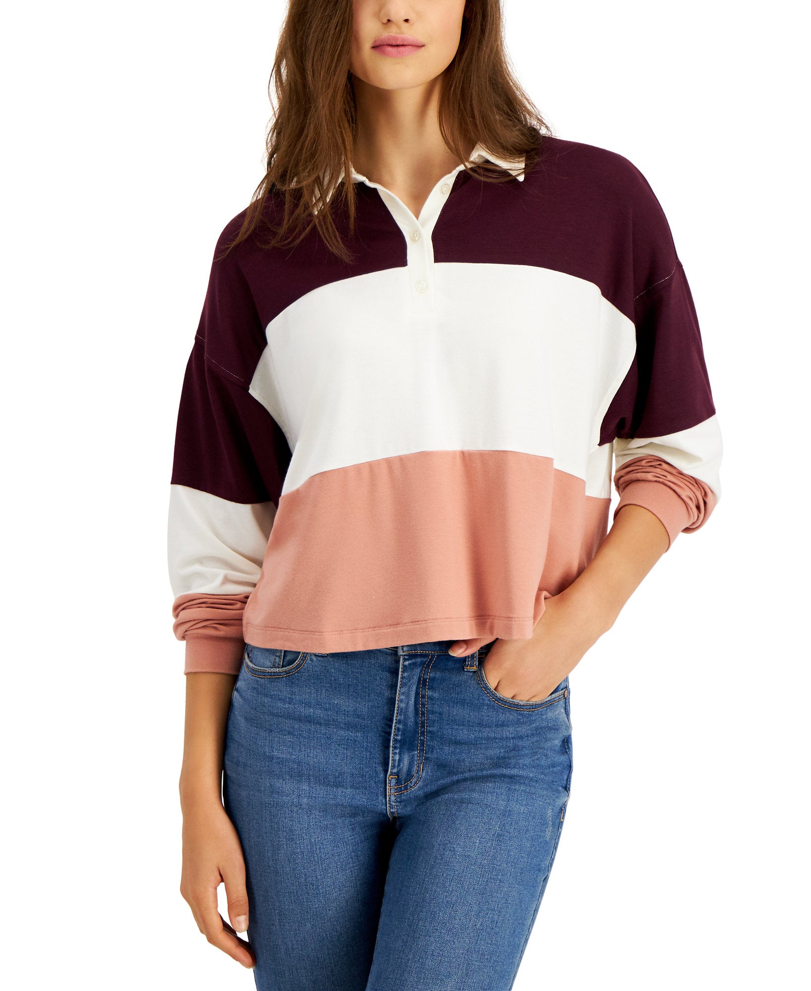 Self Esteem Women Colorblocked Rugby Henley Top Wine