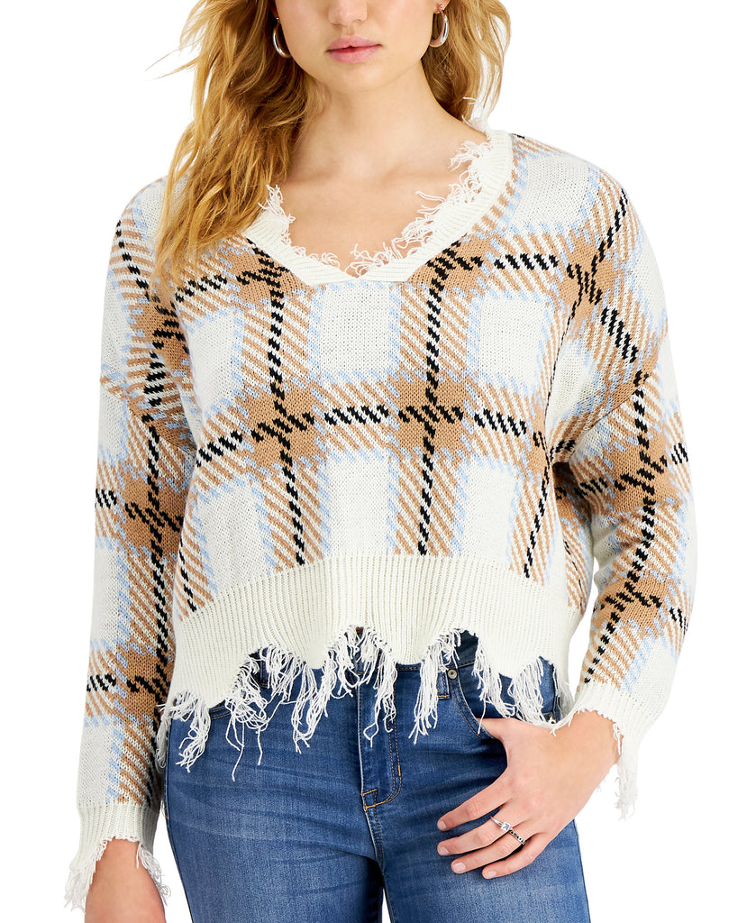 Just Polly Women Distressed Plaid Sweater