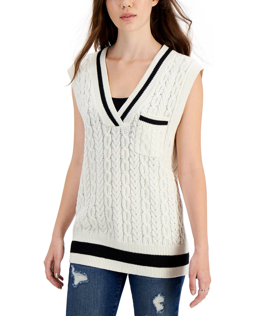 Hooked Up by IOT Women Cable Knit Sweater Vest Cream Black