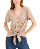 Hippie Rose Women Flutter Sleeve Tie Front Top Portabella