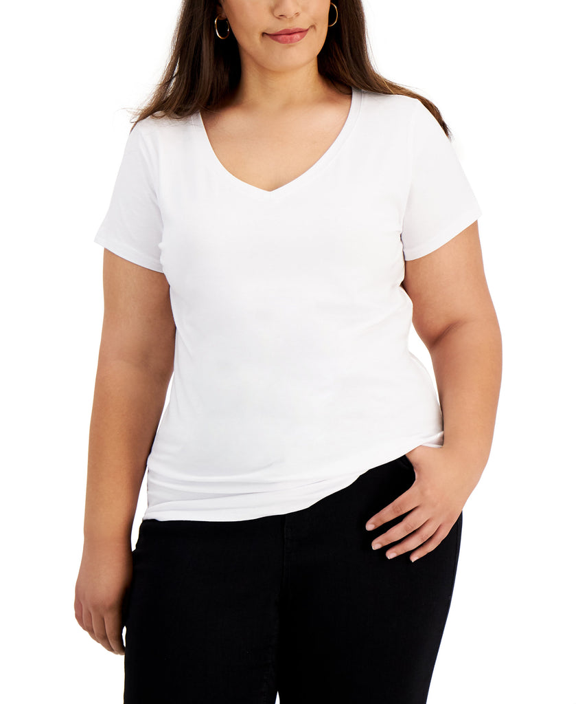 Aveto Women Plus Trendy Fitted V Neck T Shirt White