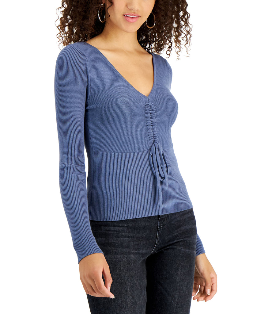 Sugar Moon Women Cinched Ribbed Knit Sweater China Blue