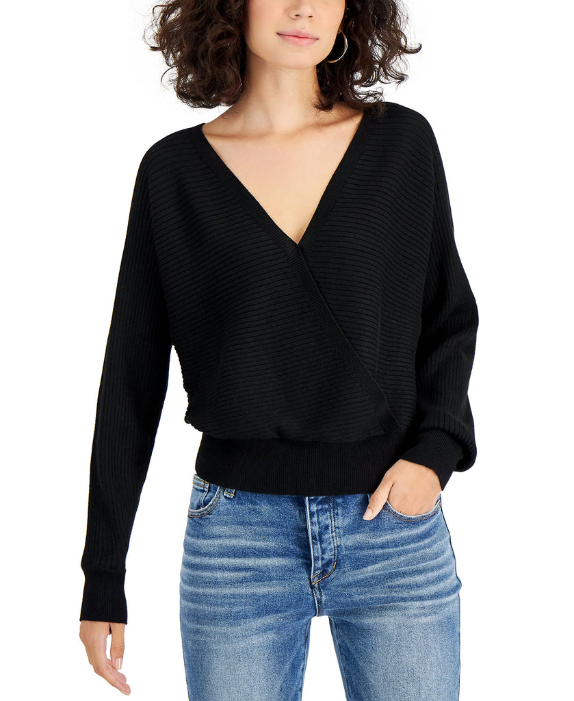 Planet Gold Women Double V Neck Sweater Black Beauty