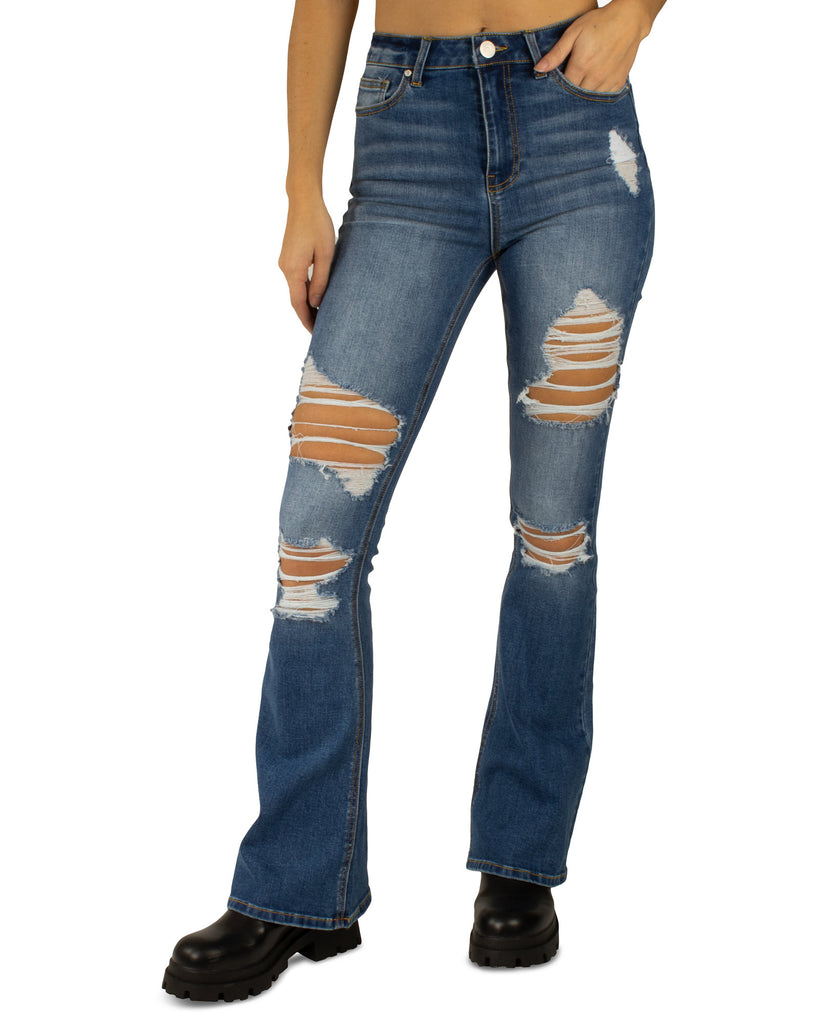 Indigo Rein Women Ripped Flare Jeans Medium Blue