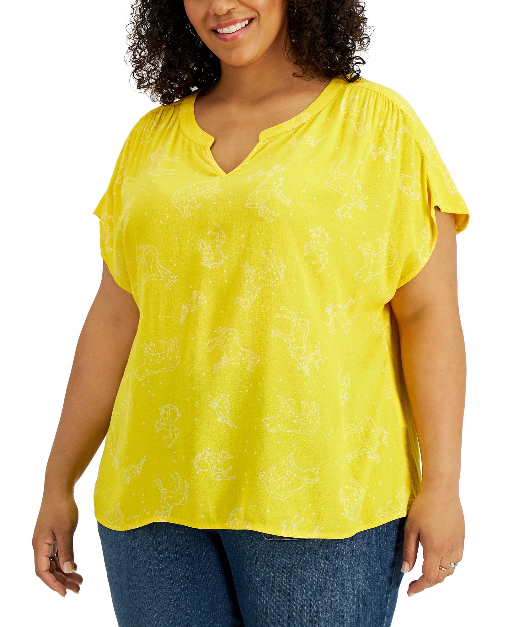 Style & Co Women Plus Mixed Print Split Neck Top Daisy Daze