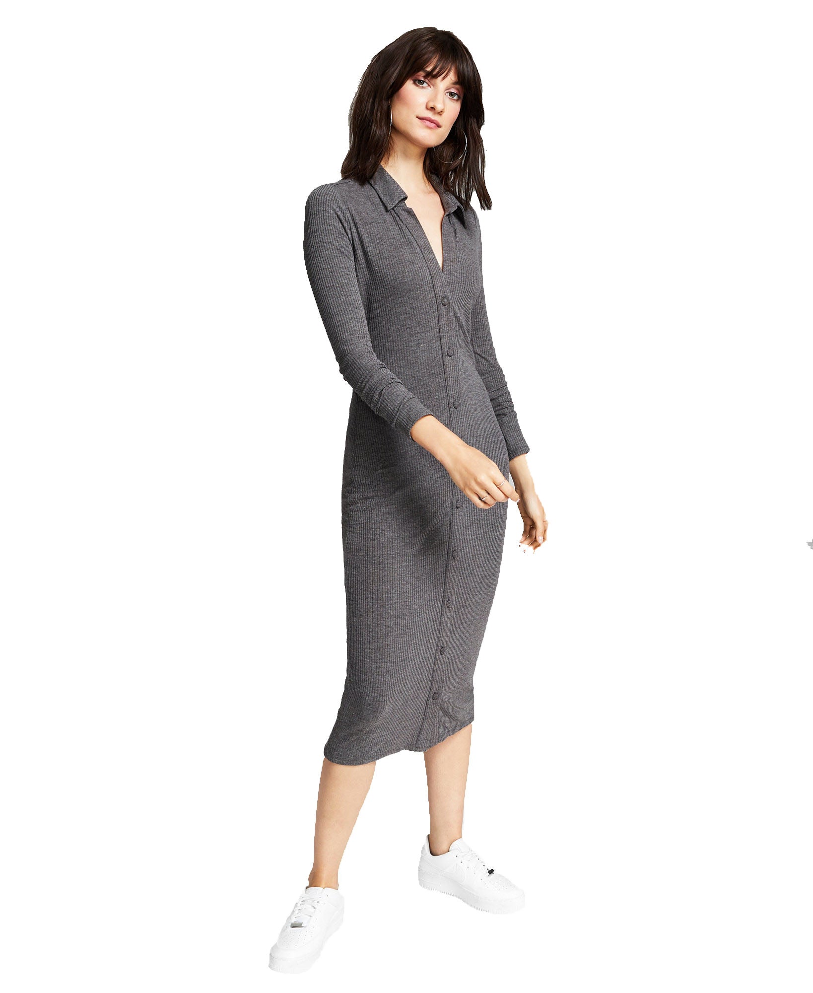 And Now This Women Ribbed Polo Midi Dress Dark Heather Grey