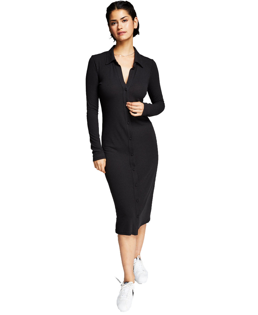 And Now This Women Ribbed Polo Midi Dress Black