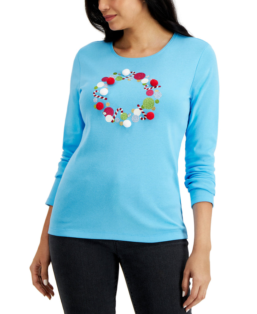 Karen Scott Women Pom Pom Wreath Holiday Top Clear Skies