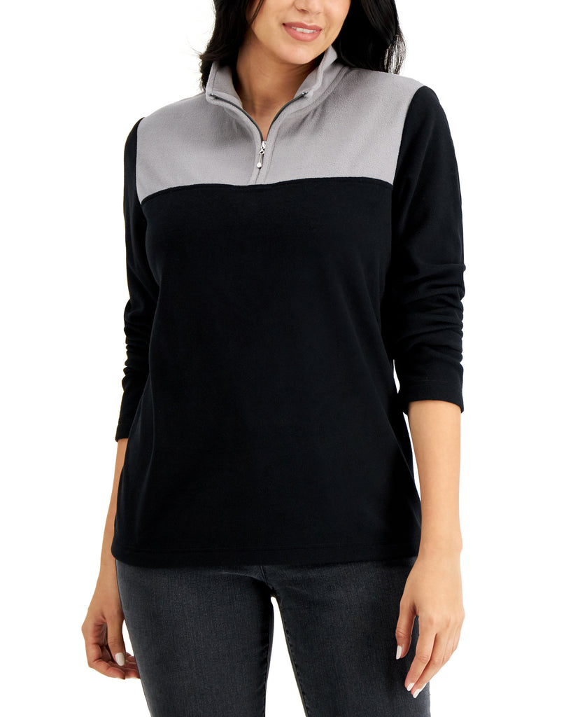 Karen Scott Women Colorblocked Micro Fleece Pullover Top Deep Black