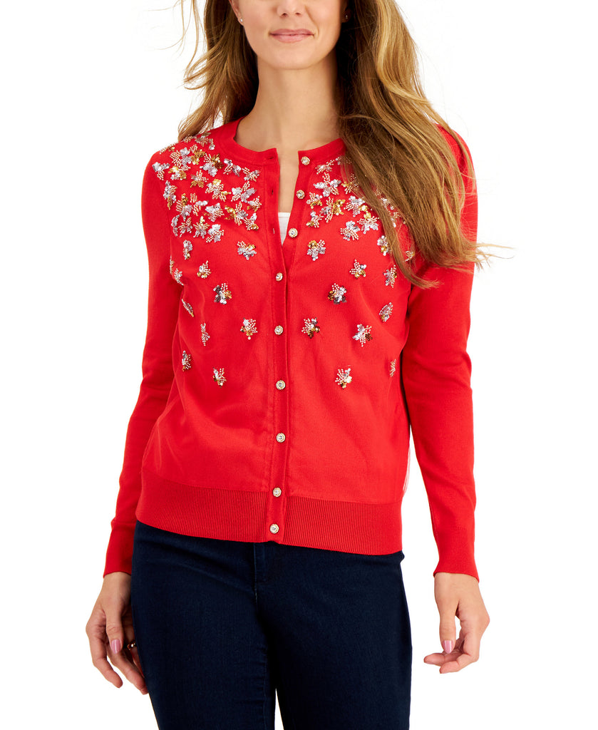 Charter Club Women Sequined Cardigan Ravishing Red Combo