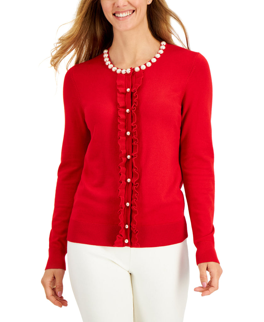 Charter Club Women Ruffled Front Cardigan Ravishing Red Combo