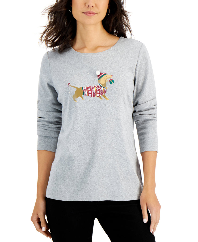 Karen Scott Women Holiday Pooch Long Sleeve Top Smoke Grey Heather